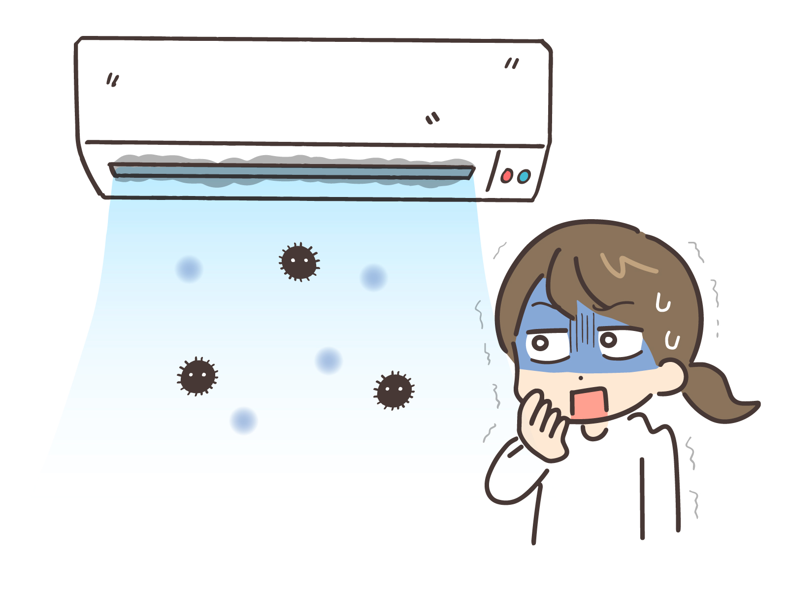 カビなど汚れを吐き出すエアコンに震える女性
